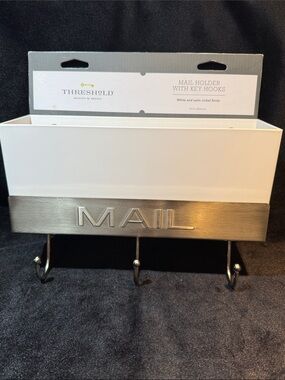 NEW Threshold Mail Holder With 3 Key Hooks- White /Nickel Finish ~Farmhouse Chic